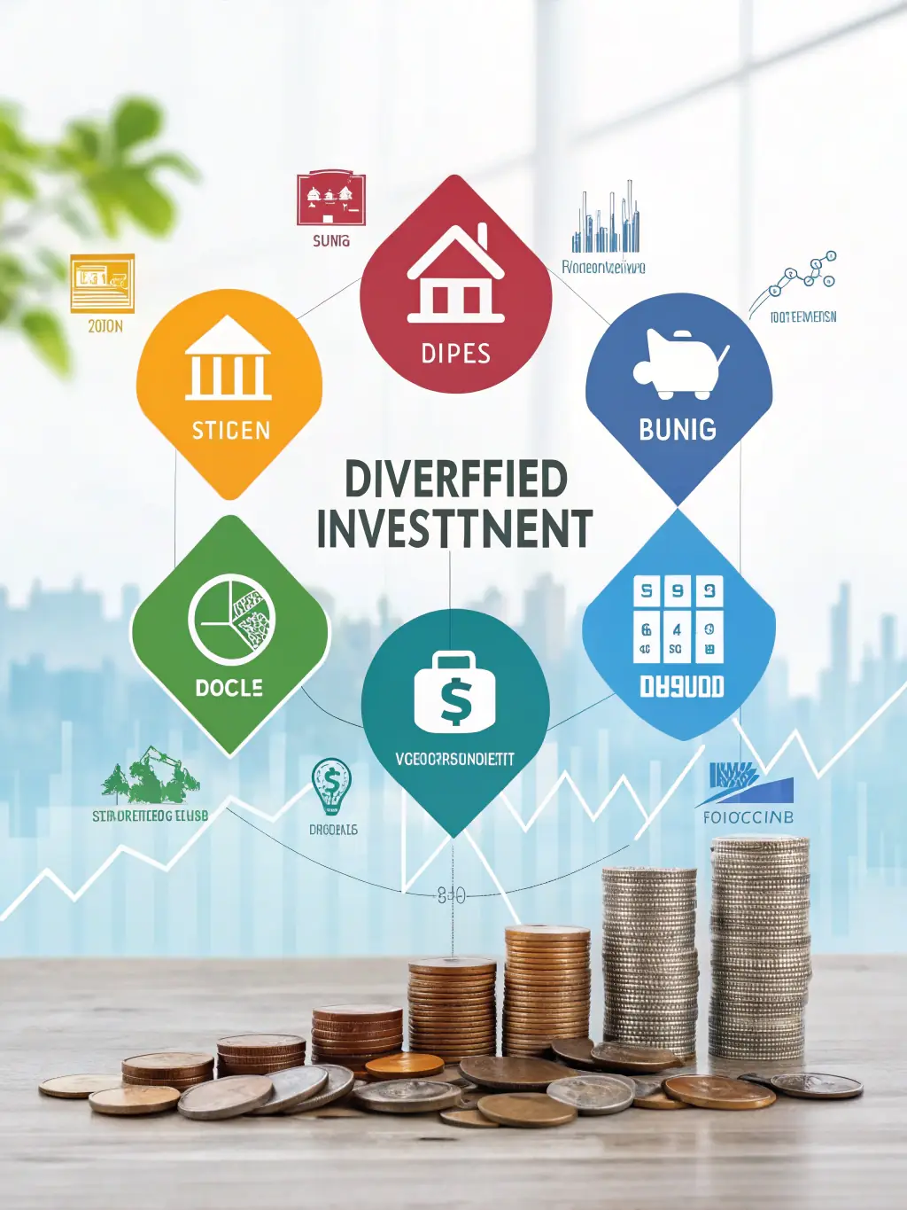 A diverse portfolio chart showing investments in various sectors like technology, healthcare, and real estate, illustrating the concept of diversification in strategic investing.