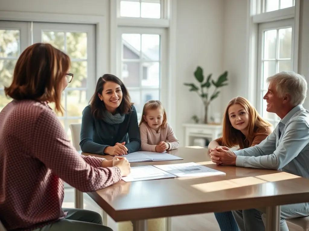 A modern family confidently discussing their financial plans with a WealthPath Consulting advisor in a bright, comfortable office setting.