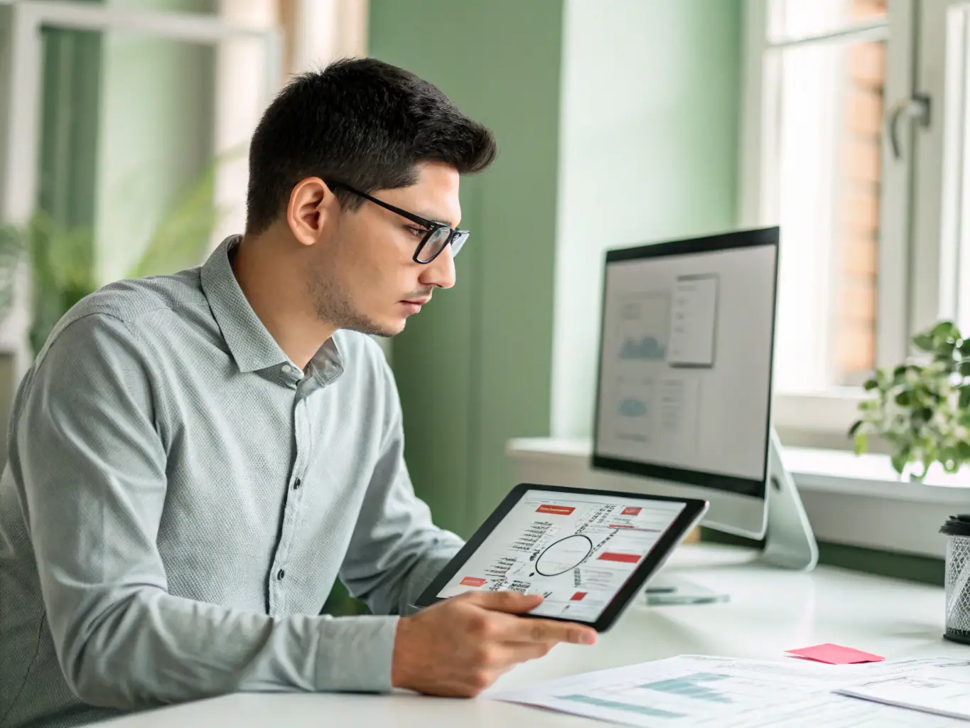 A young professional reviewing investment options on a tablet, with charts and graphs illustrating potential financial growth.