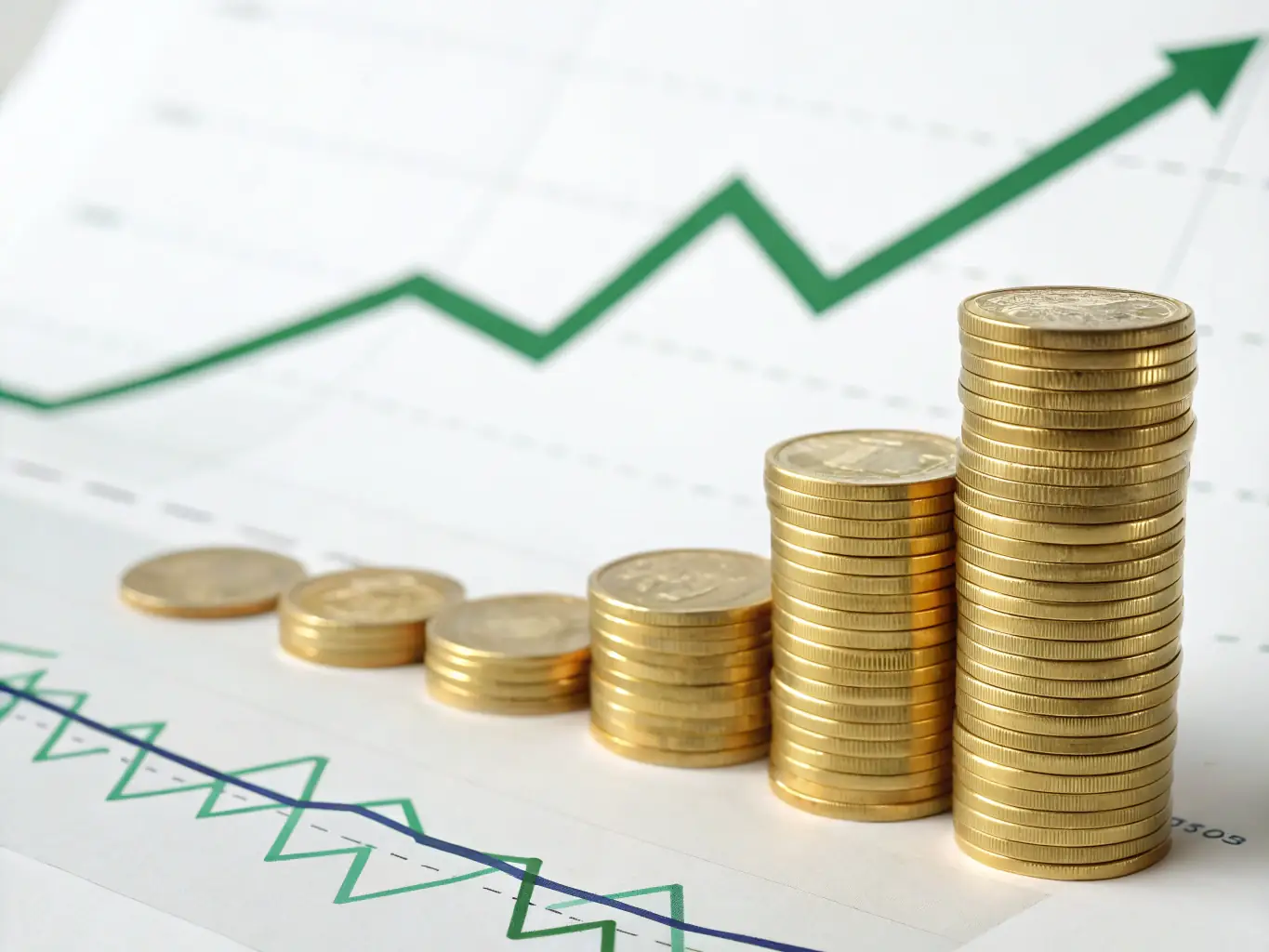 An upward trending graph with coins and currency symbols, representing the power of compounding interest.